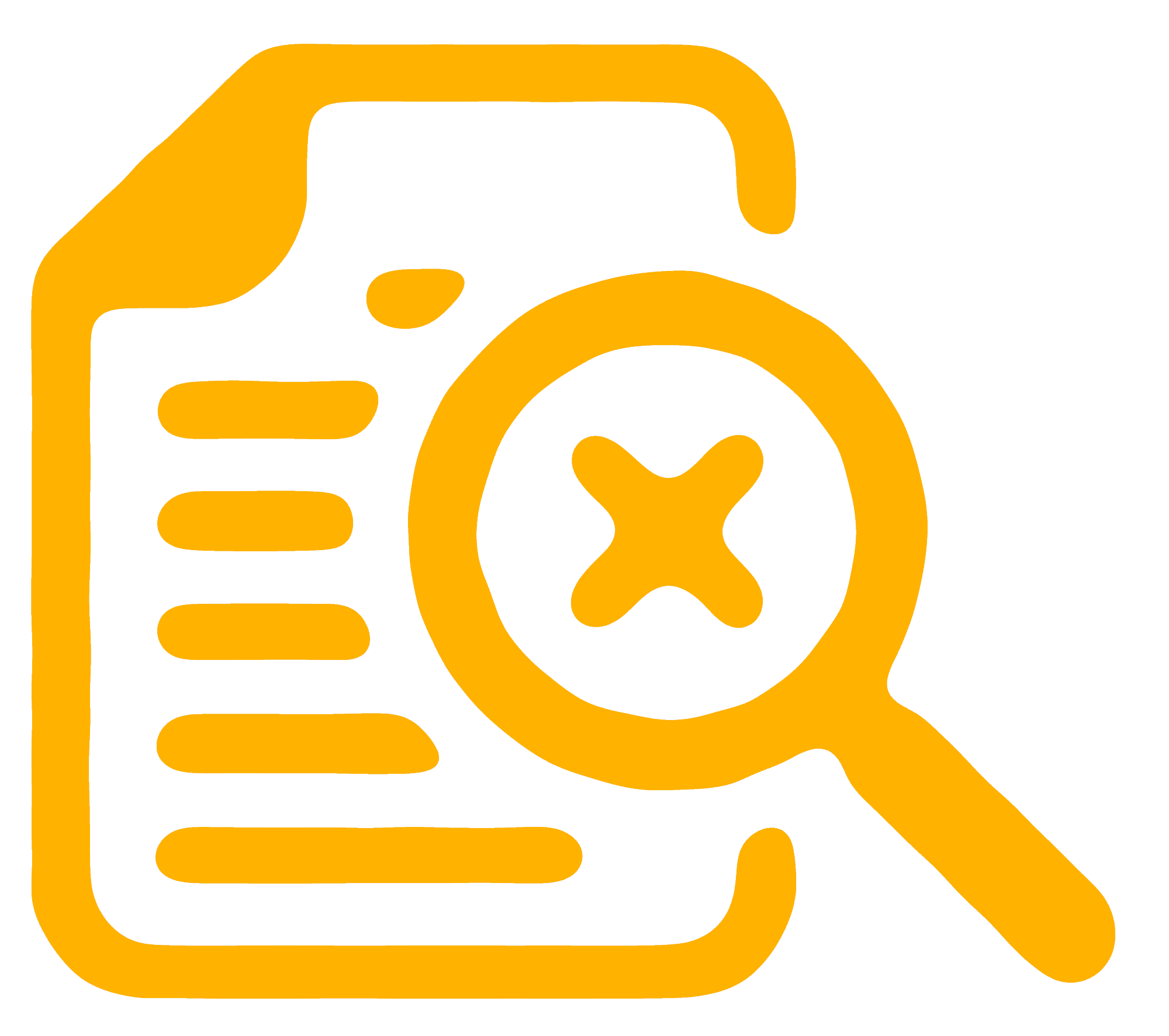 A yellow icon of a magnifying class searching through a document