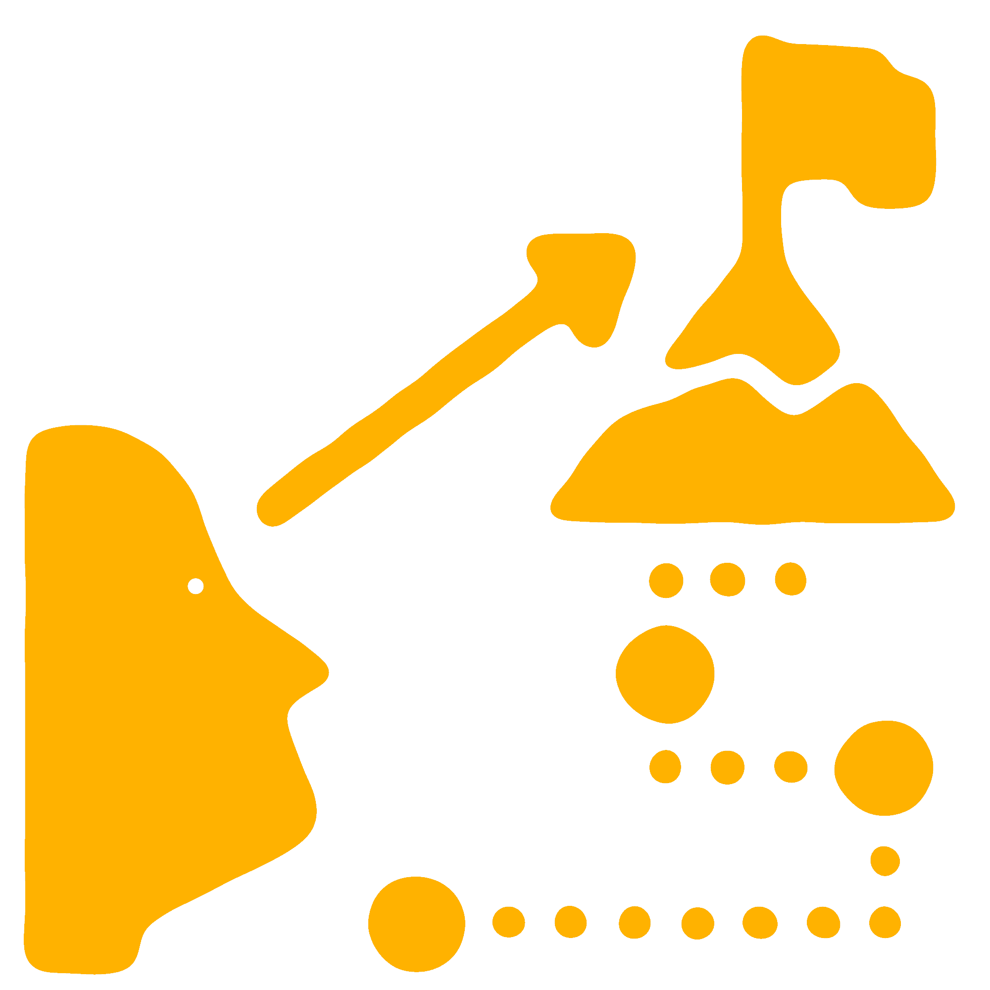 A yellow icon of a man looking to a flag at the top of a summit